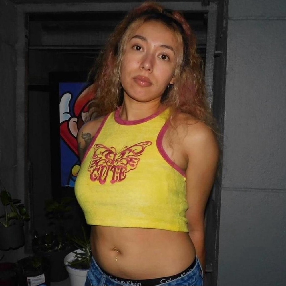 Dolls Kill New Girl Order Cropped Racer Back Yellow Tank with Burgundy Butterfly